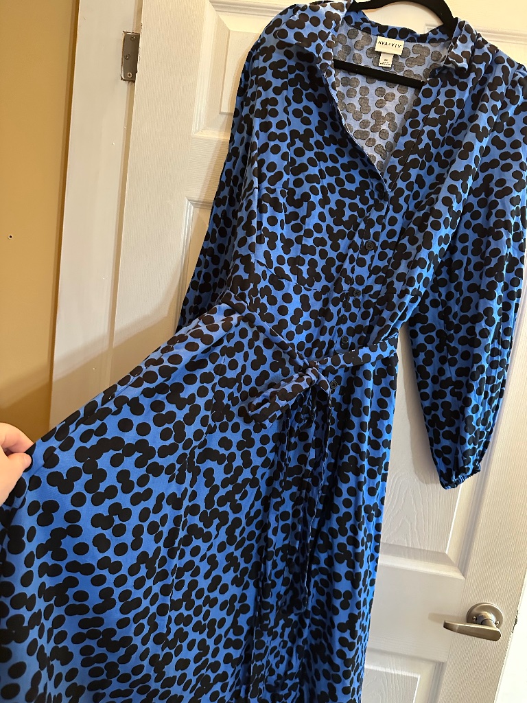 Ava & Viv Blue Black Polka Dot Faux Wrap Midi Dress 2x Belted Button Front